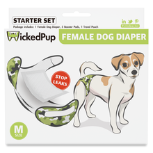 Load image into Gallery viewer, WickedPup Washable Female Dog Diaper (1 Pack) with Booster Pads (5 Count), Travel Pouch (1 Bag)
