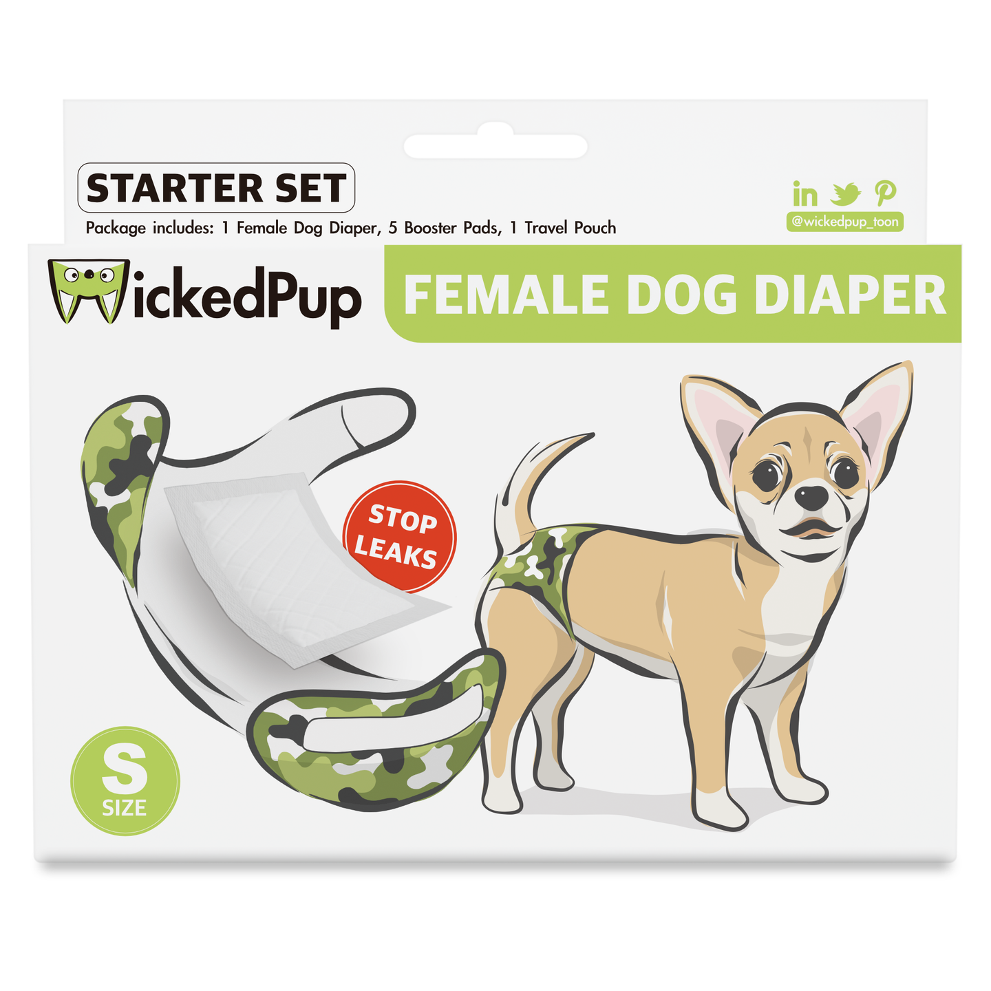 WickedPup Washable Female Dog Diaper (1 Pack) with Booster Pads (5 Count), Travel Pouch (1 Bag)