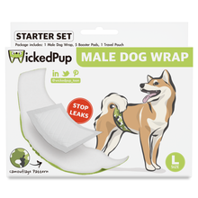 Load image into Gallery viewer, WickedPup Washable Male Dog Wrap (1 Pack) with Booster Pads (5 Count), Travel Pouch (1 Bag)
