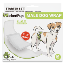 Load image into Gallery viewer, WickedPup Washable Male Dog Wrap (1 Pack) with Booster Pads (5 Count), Travel Pouch (1 Bag)
