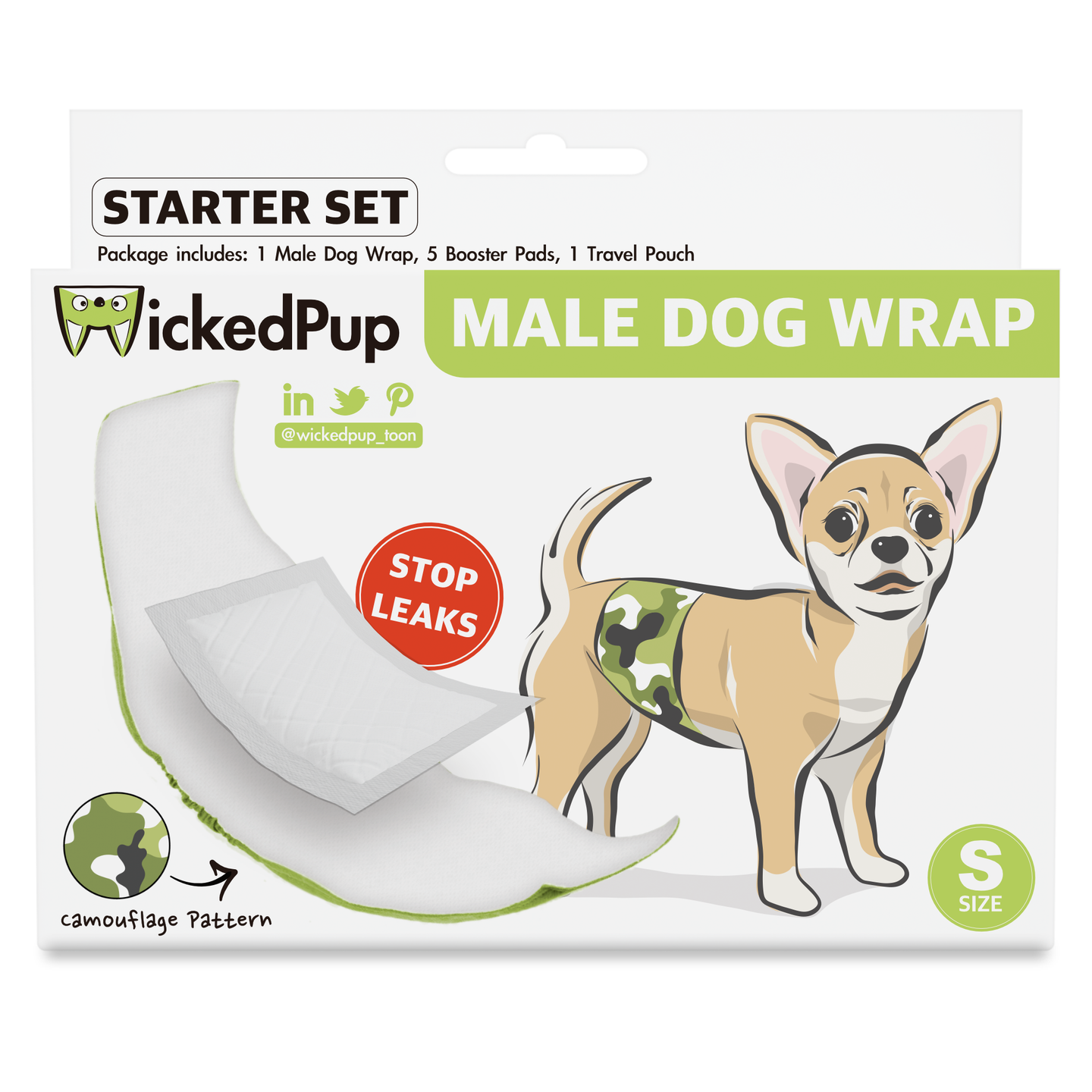 WickedPup Washable Male Dog Wrap (1 Pack) with Booster Pads (5 Count), Travel Pouch (1 Bag)